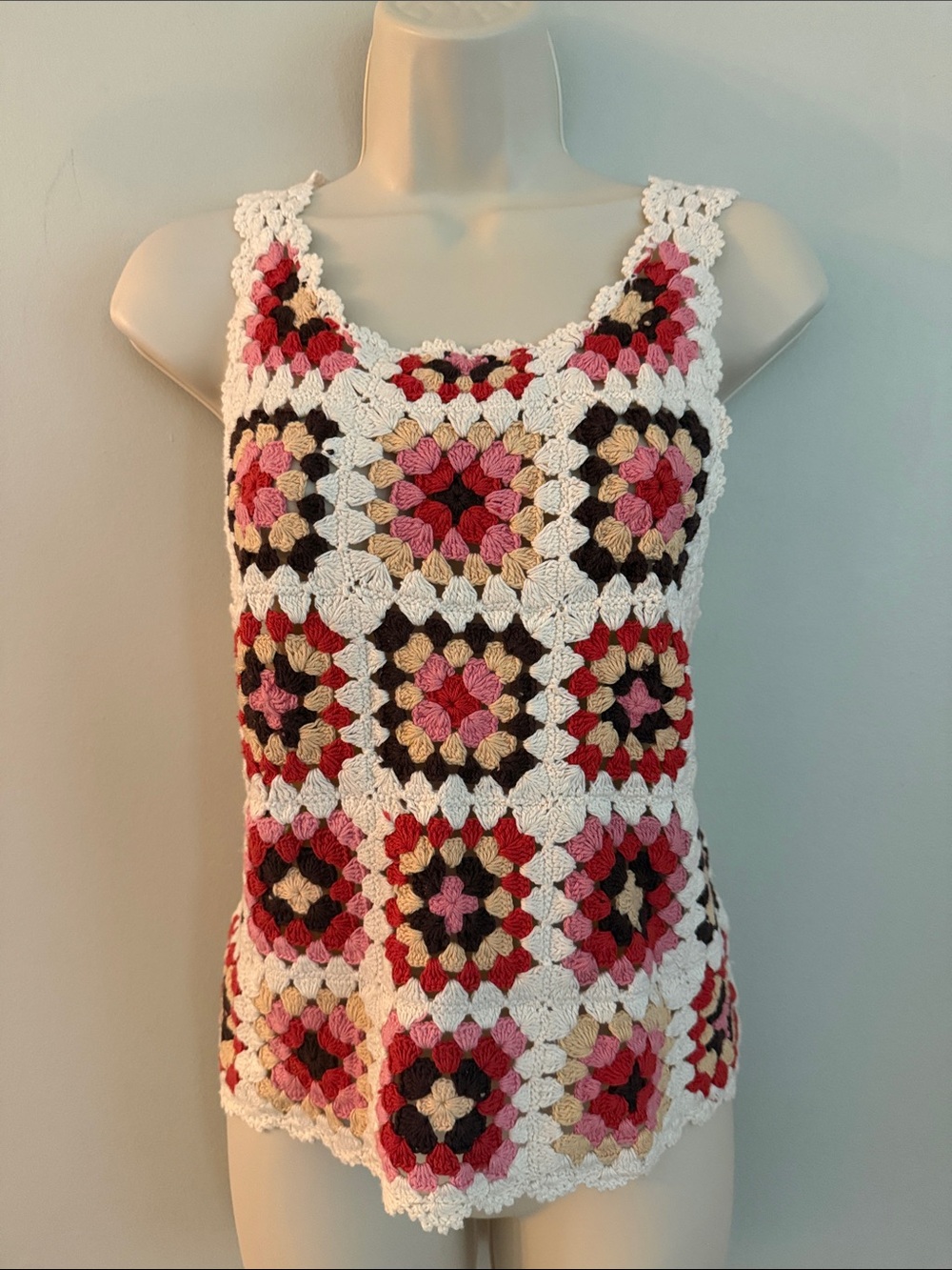Lucky Brand Crochet Square-Panel Boho Hippy Tank in Cream Pink Size Small
